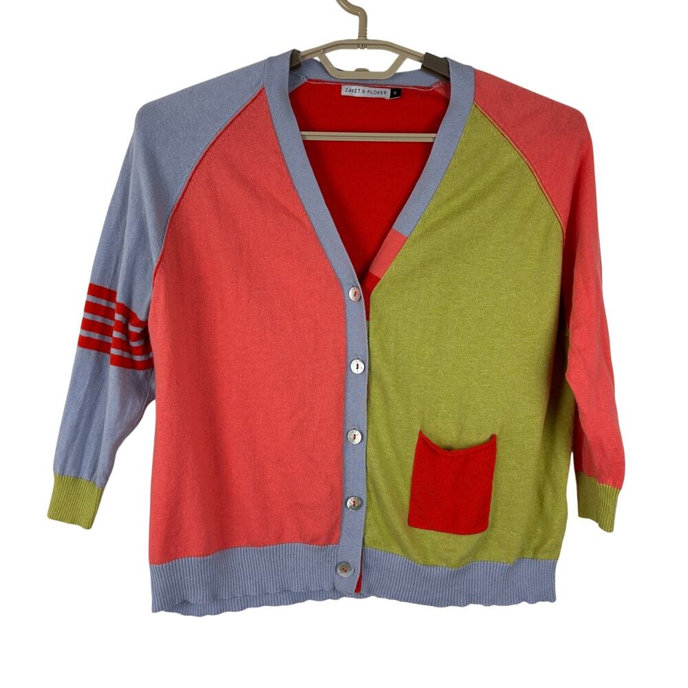 Zaket & Plover Colorblock Lightweight Cardigan Medium silk cotton bright twee